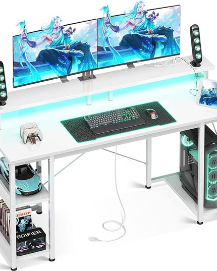 ODK 55 inch Gaming Desk with LED Lights & Power Outlets, Computer Desk with Monitor Stand & Storage Sheves, CPU Stand, Home Office Desk White - LeafyLoom