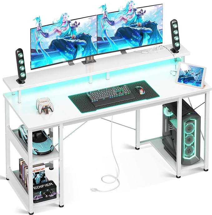 ODK 55 inch Gaming Desk with LED Lights & Power Outlets, Computer Desk with Monitor Stand & Storage Sheves, CPU Stand, Home Office Desk White - LeafyLoom
