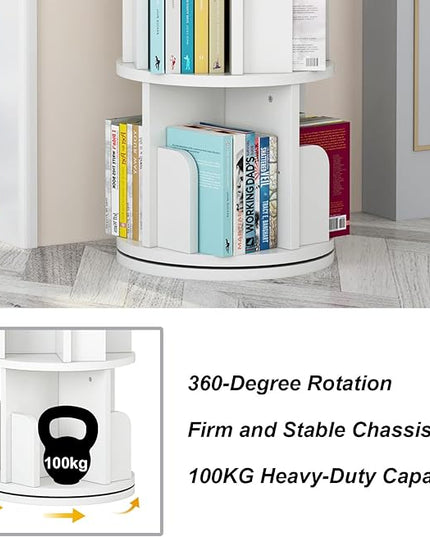 Rotating Bookshelf 51.2", White Wood Bookcase for Kids and Adults, 360 Display 4 Tier Small Corner Book Shelf Organizer, Floor Standing Storage Rack for Bedroom, Living Room, White - LeafyLoom