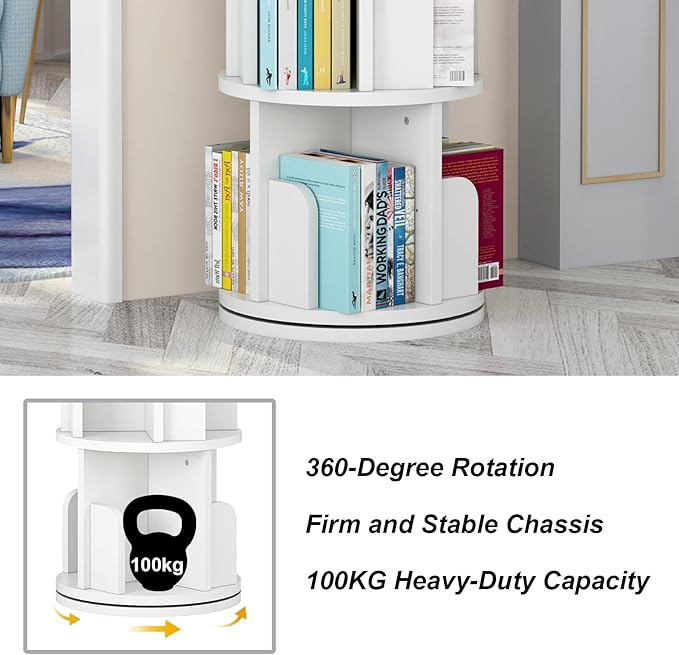 Rotating Bookshelf 51.2", White Wood Bookcase for Kids and Adults, 360 Display 4 Tier Small Corner Book Shelf Organizer, Floor Standing Storage Rack for Bedroom, Living Room, White - LeafyLoom