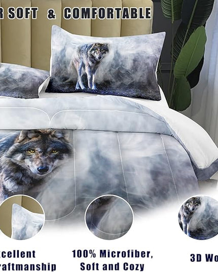 Bodhi Wild Wolf Comforter Set King for Boys,Mens Wolf Bedding Set, Wolf Standing in The Forest Surrounded by Fog, Wolf Comforter with Matching Pillowcases, 1 Comforter+2 Pillow Shams #4018 - LeafyLoom
