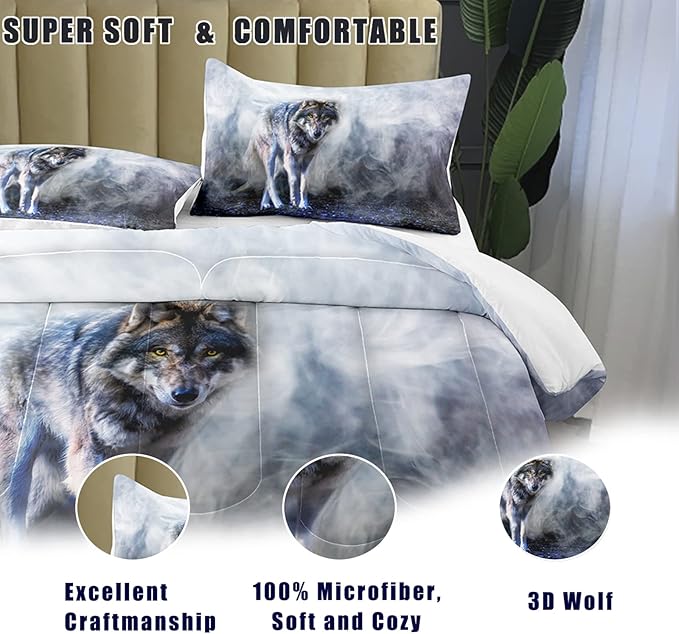 Bodhi Wild Wolf Comforter Set King for Boys,Mens Wolf Bedding Set, Wolf Standing in The Forest Surrounded by Fog, Wolf Comforter with Matching Pillowcases, 1 Comforter+2 Pillow Shams #4018 - LeafyLoom