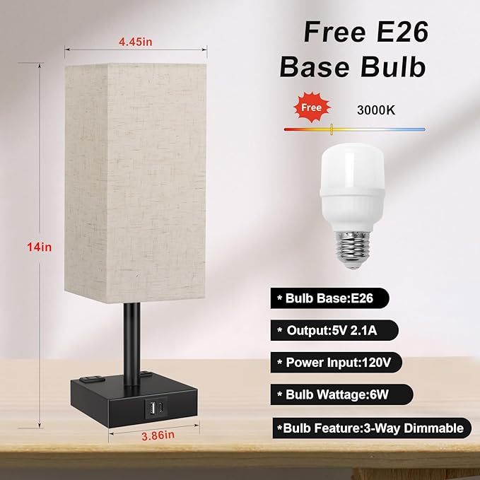 Touch Bedside Table Lamp For Nightstand - 3-Way Dimmable Night Lamp with USB A + Type C Charging Ports and two AC Outlets, Small Desk Light with E26 LED Bulb for Bedroom Living Room Dorm, BEIGE - LeafyLoom