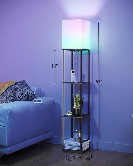 SUNMORY Floor Lamp with Shelves, Smart APP Control Standing Lamp with RGB Bulb, 4-Tier Dimmable Floor Lamps for Living Room, Tall Lamp for Bedroom, Office, Corner Display Bookshelf Lamp - LeafyLoom