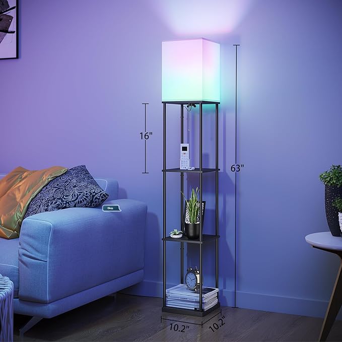 SUNMORY Floor Lamp with Shelves, Smart APP Control Standing Lamp with RGB Bulb, 4-Tier Dimmable Floor Lamps for Living Room, Tall Lamp for Bedroom, Office, Corner Display Bookshelf Lamp - LeafyLoom