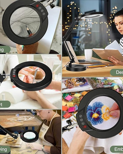8X Magnifying Glass with Light and Stand, Upgrade Button 5 Color Modes Stepless Dimmable, 2-in-1 LED Lighted Magnifier Light, Hands Free Desk Lamp with Clamp for Craft Hobby Reading Close Work - LeafyLoom