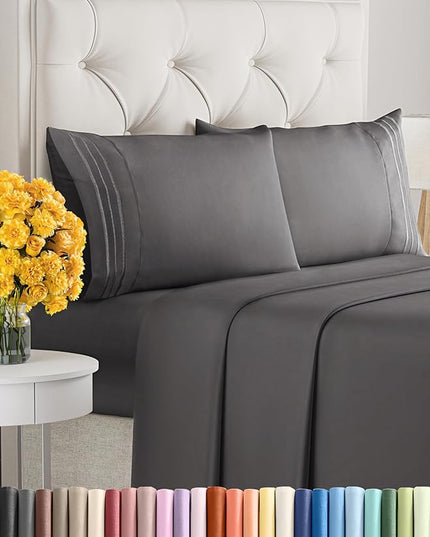 Cal King Size 4 Piece Sheet Set - Comfy Breathable & Cooling Sheets - Hotel Luxury Bed Sheets for Women & Men - Deep Pockets, Easy-Fit, Soft & Wrinkle Free Sheets - Dark Grey Oeko-Tex Bed Sheet Set - LeafyLoom