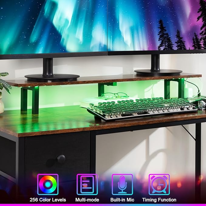 Computer Desk with LED Light & Power Outlets, 47 Inch Gaming Desk with 4 Fabric Drawers, Office Desk with Monitor Stand, Work Writing Desk with Hooks for Home Office, Bedroom, Brown, HGD12BR - LeafyLoom
