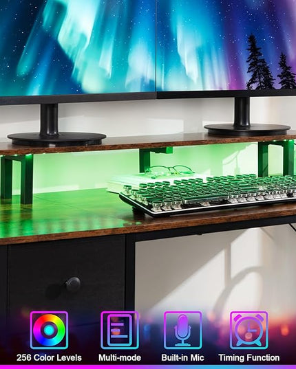 Computer Desk with LED Light & Power Outlets, 55 Inch Gaming Desk with 4 Fabric Drawers, Office Desk with Monitor Stand, Work Writing Desk with Hooks for Home Office, Bedroom, Brown, HGD14BR - LeafyLoom