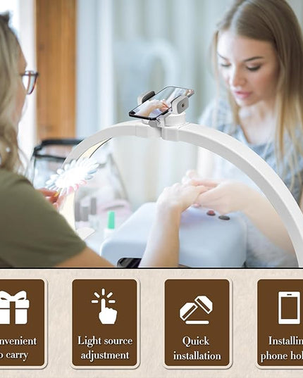 LIGHTLY Half Moon Light for Nail Desk Foldable with Phone Holder, Nail Tech Lamp for Desk with Wire Controller, 3 Color Modes, 5 Brightness for Eyelash Extensions, Tattoo, Nail Art Lighting - LeafyLoom