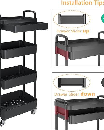 4-Tier Rolling Cart，Trolley with Drawer, Kitchen Storage Organizer with Plastic Shelf & Metal Wheels, Storage Cart for Living Room, Kitchen, Office, Bathroom, Black - LeafyLoom