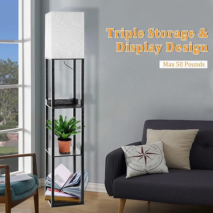 Dott Arts Floor Lamp with Shelves, Shelf Lamp with Wireless Charger & USB A+C Ports & 2 AC Outlets,3 Color Temperature Corner Tall Standing Floor Lamps for Living Room, Bedroom, Office (Black) - LeafyLoom