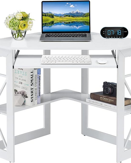 VECELO Corner Computer Desk 41 x 30 inches with Smooth Keyboard & Storage Shelves for Home Office Workstation, White - LeafyLoom