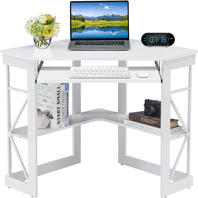 VECELO Corner Computer Desk 41 x 30 inches with Smooth Keyboard & Storage Shelves for Home Office Workstation, White - LeafyLoom