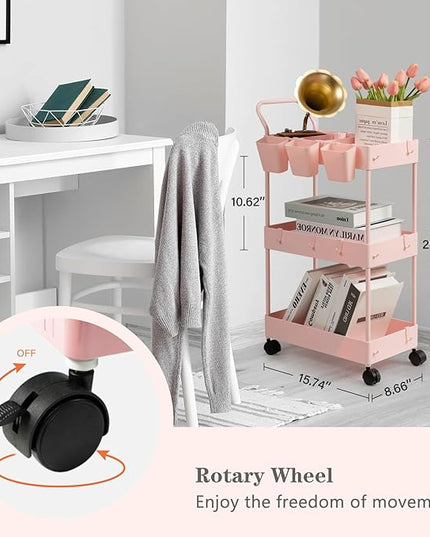 danpinera Slim Storage Cart, 3 Tier Narrow Rolling Cart on Wheels Bathroom Organizer Cart with Dividers Handle Hanging Cups Hooks for Laundry Room Kitchen Small Spaces, Pink - LeafyLoom