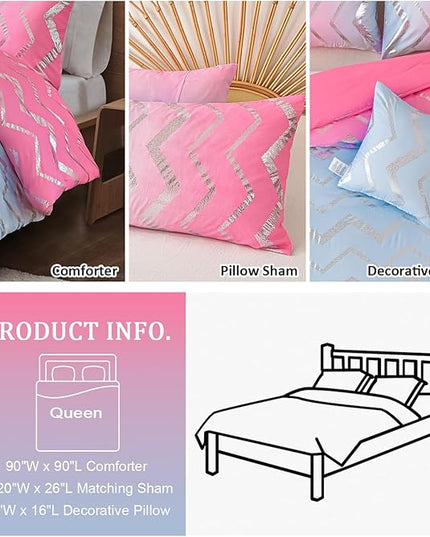 Girls Comforter Set Queen Size Ombre Pink Purple Bedding Colorful Rainbow Comforter for Kids Teen Women,4 Pieces (1 Comforter,2 Pillowcase,1 Decorative Pillow Sham) - LeafyLoom