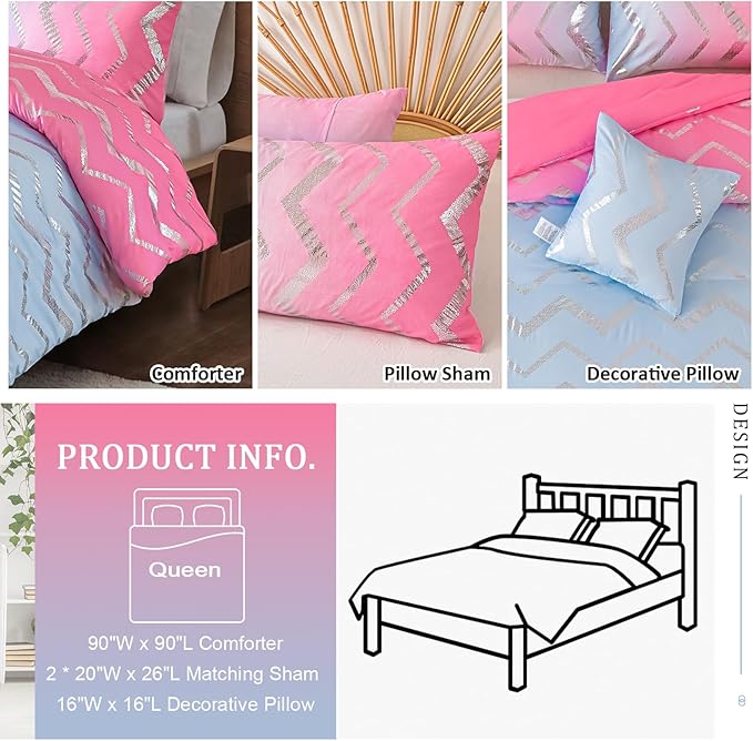 Girls Comforter Set Queen Size Ombre Pink Purple Bedding Colorful Rainbow Comforter for Kids Teen Women,4 Pieces (1 Comforter,2 Pillowcase,1 Decorative Pillow Sham) - LeafyLoom