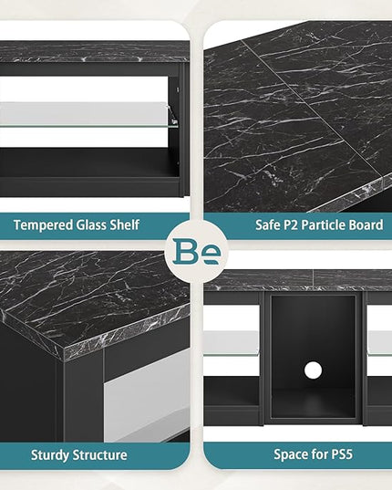 Bestier TV Stand for 70 inch TV with Power Outlets, LED Entertainment Center for PS5, Gaming TV Consoles with Glass Shelves for Living Room, 63'' Inch, Black Marble - LeafyLoom