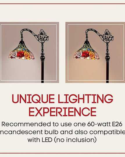 Amora Tiffany Floor Lamp - Arched, Stained Glass 62” with Foot Switch Operation and Adjustable Lamp Shade - Custom Handcrafted Floor Lamps for Living Room in Red Yellow Green Rose Flower - LeafyLoom