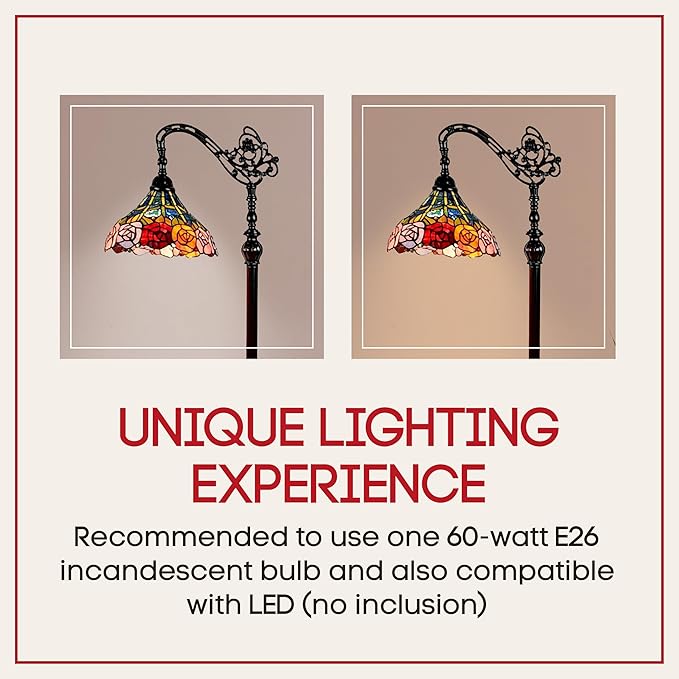 Amora Tiffany Floor Lamp - Arched, Stained Glass 62” with Foot Switch Operation and Adjustable Lamp Shade - Custom Handcrafted Floor Lamps for Living Room in Red Yellow Green Rose Flower - LeafyLoom