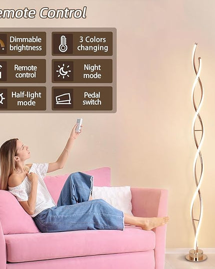 ADISUN 31W Modern Floor Lamp, LED Spiral Floor Lamp for Living Room, 3-Color Dimmable Standing Floor Lamp with Remote Control, 58" Tall Floor Lamp for Living Room Bedroom Office Dining Room (Gold) - LeafyLoom