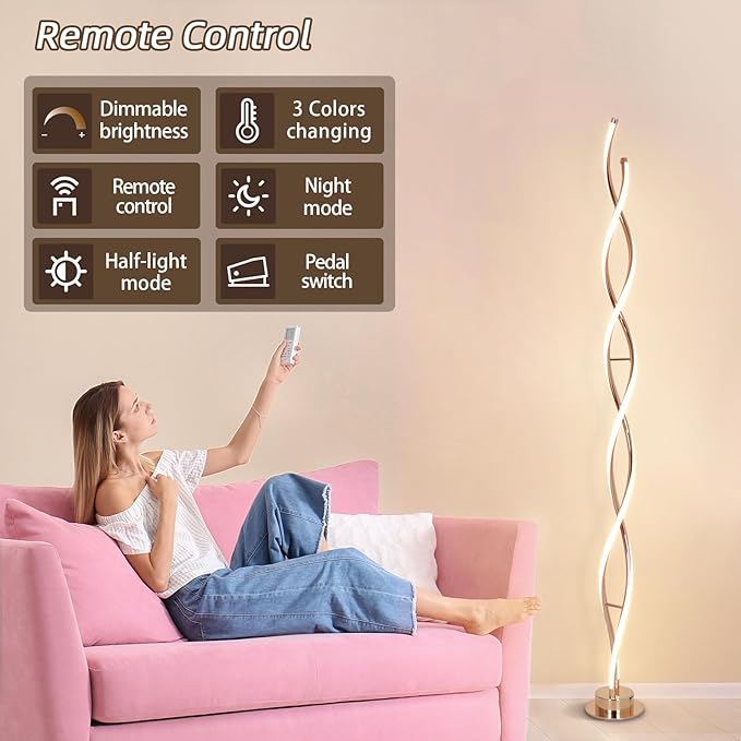 ADISUN 31W Modern Floor Lamp, LED Spiral Floor Lamp for Living Room, 3-Color Dimmable Standing Floor Lamp with Remote Control, 58" Tall Floor Lamp for Living Room Bedroom Office Dining Room (Gold) - LeafyLoom