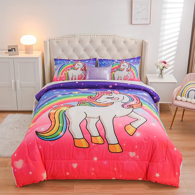 Aimuan Girls Unicorn Comforter Set 6 Pieces Pink Purple Bedding Set with Rainbow Star Galaxy Stars Fantasy Children Room Decor Soft Reversible Bed Sets for Boys/Girls/Teens (Pink-purple Full6Pcs) - LeafyLoom