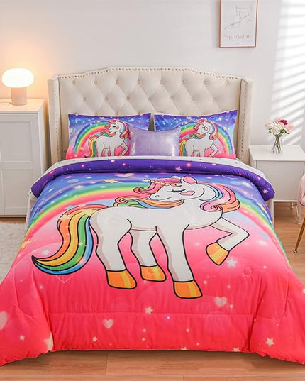 Aimuan Girls Unicorn Comforter Set 6 Pieces Pink Purple Bedding Set with Rainbow Star Galaxy Stars Fantasy Children Room Decor Soft Reversible Bed Sets for Boys/Girls/Teens (Pink-purple Twin6Pcs) - LeafyLoom