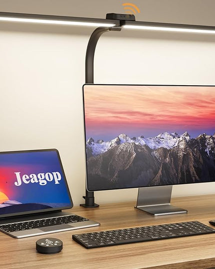 LED Desk Lamp for Home Office, 24W Double Head Architect Desk Lamp with Clamp, Remote Control, Adjustable Gooseneck, Stepless Dimming and Tempering Desk Light for Reading Study Drafting - LeafyLoom