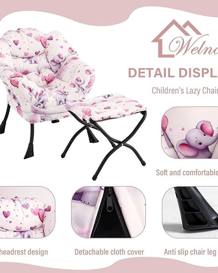 Welnow Toddler Kids Lazy Chair with Ottoman, Glow in The Dark Accent Comfy Lounge Children Armchair Couch with Removable Cover, Detachable Reading Chair with Footrest for Boy or Girl, Pink Elephant - LeafyLoom