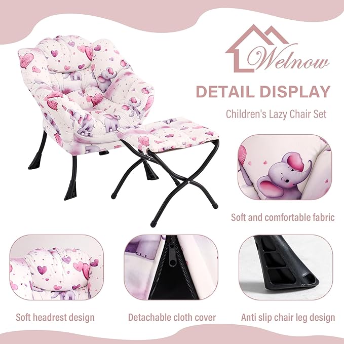 Welnow Toddler Kids Lazy Chair with Ottoman, Glow in The Dark Accent Comfy Lounge Children Armchair Couch with Removable Cover, Detachable Reading Chair with Footrest for Boy or Girl, Pink Elephant - LeafyLoom
