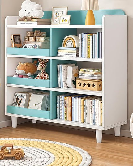 Wooden Cube Bookcase with Legs - 3-Tier Open Shelf Kidsroom Sorted Storage Cabinet Organizer for Books and Toys, 6-Cube Lattice Cute Cubby Bookshelf in White Mixed Westlake Blue, 32" W - LeafyLoom
