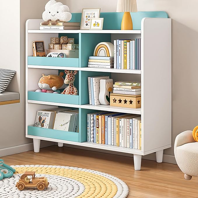 Wooden Cube Bookcase with Legs - 3-Tier Open Shelf Kidsroom Sorted Storage Cabinet Organizer for Books and Toys, 6-Cube Lattice Cute Cubby Bookshelf in White Mixed Westlake Blue, 32" W - LeafyLoom