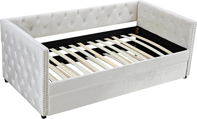 Twin Size Velvet Upholstered Daybed with Twin Trundle, Solid Wood Sofa Bed w/Button Tufted Backrest, for Living Room, Bedroom, Dorm, No Box Spring Needed, Space-Saving Design, Beige - LeafyLoom