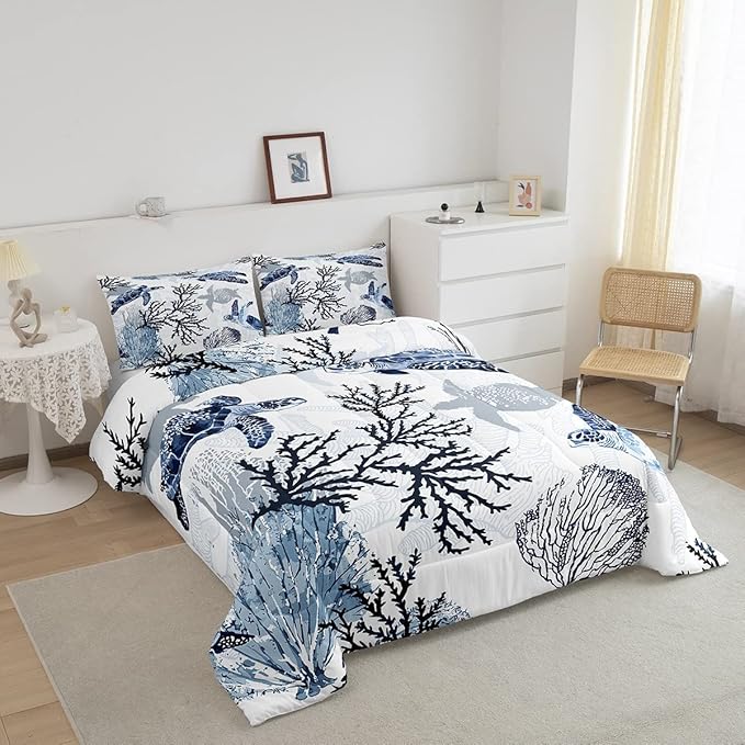 Turtle Comforter Set Queen,White Blue Hawaiian Turtle Bedding for Kids,Reptile Tortoise Quilt Duvet Set Coastal Beach Theme Comforter Retro Sea Turtle Bed Set for Boys Girls Bedroom Decor(Marine life) - LeafyLoom