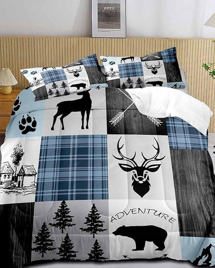 LUVIVIHOME 3PCS Rustic Comforter Set Full Size, Black Bear Deer Elk Moose Woodland Forest Animals Wildlife Hunting Blue Plaid Patchwork Cabin Lodge Country Farmhouse Bedding Quilt, 2 Pillow Shams - LeafyLoom