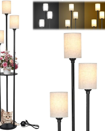 Floor Lamp - 3 Lights Modern Floor Lamp for Living Room, Dimmable Tall Pole Lamp with Shelves, Farmhouse Standing lamp for Bedrooms Office Home Decor, 3 LED Bulbs Included, 3 Color Temperatures - LeafyLoom