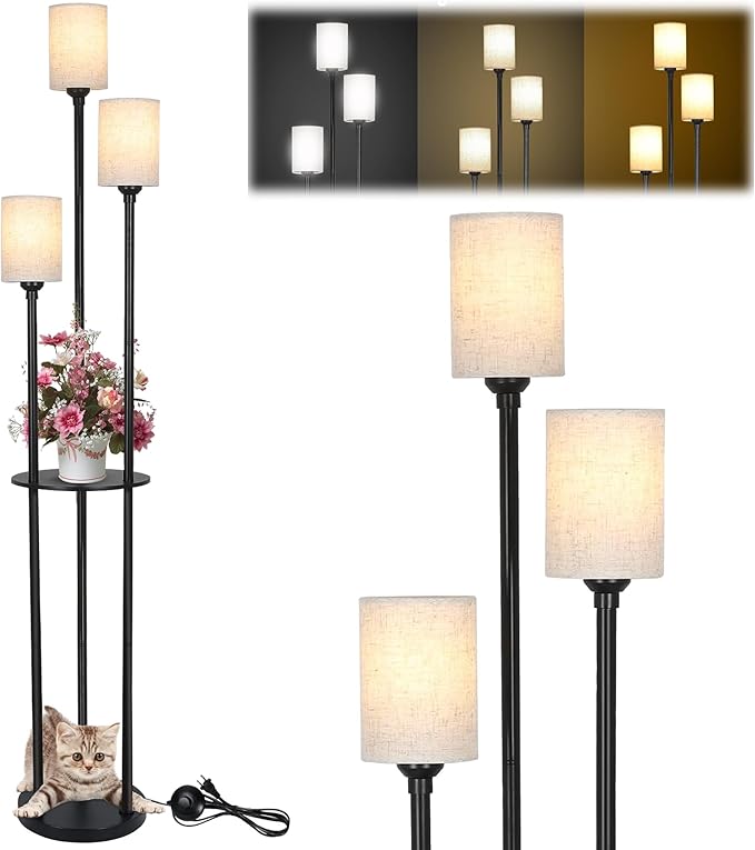 Floor Lamp - 3 Lights Modern Floor Lamp for Living Room, Dimmable Tall Pole Lamp with Shelves, Farmhouse Standing lamp for Bedrooms Office Home Decor, 3 LED Bulbs Included, 3 Color Temperatures - LeafyLoom