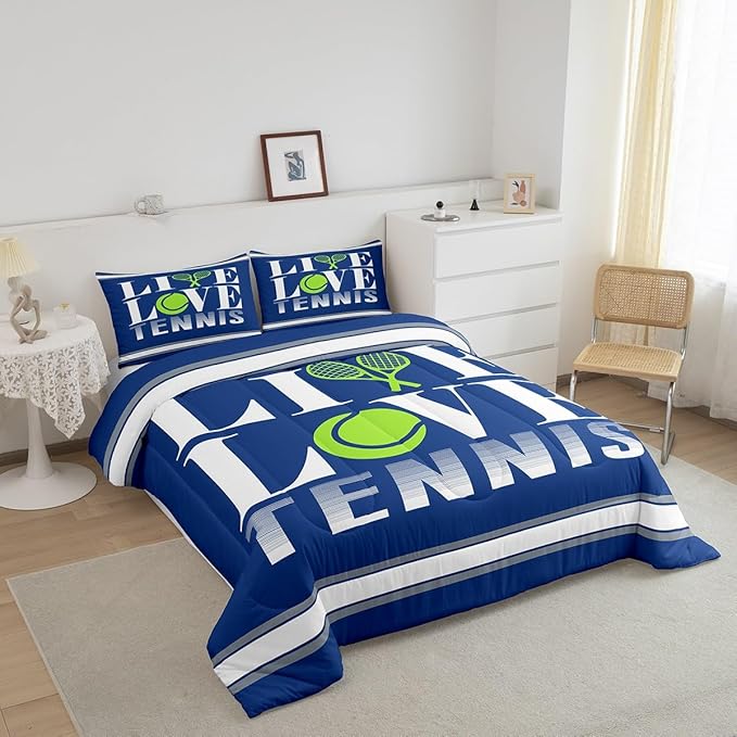 Feelyou Kids Tennis Comforter Set Queen Size Tennis Ball Bedding Set for Boys Girls Teens Bedroom Decor Ball Gaming Comforter Women Men Gift for Tennis Lover Duvet Set with 2 Pillow Case - LeafyLoom