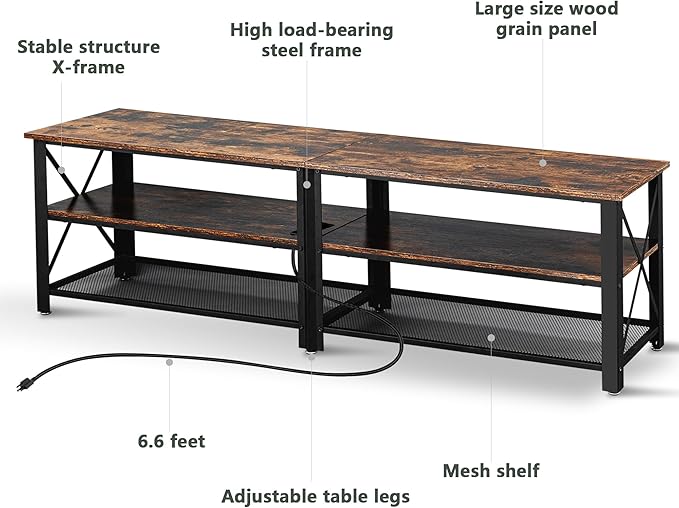 Clikuutory Modern Brown 71 inch Metal TV Stand with LED Lights and Power Outlets for 50 60 65 70 75 80 Inch TVs, 3 Tier Television Stands with Entertainment Center and Storage for Living Room, Bedroom - LeafyLoom