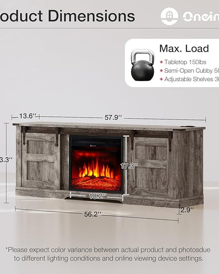 oneinmil Fireplace TV Stand with 18” Electric Fireplace, 58” TV Console Stand for TVs Up to 65", Entertainment Center, Fireplace for The Living Room TV Stand, Grey - LeafyLoom
