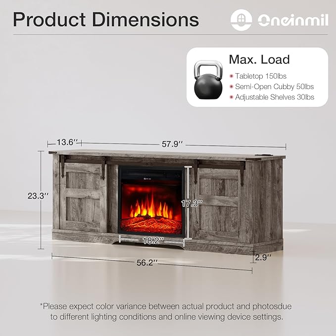 oneinmil Fireplace TV Stand with 18” Electric Fireplace, 58” TV Console Stand for TVs Up to 65", Entertainment Center, Fireplace for The Living Room TV Stand, Grey - LeafyLoom