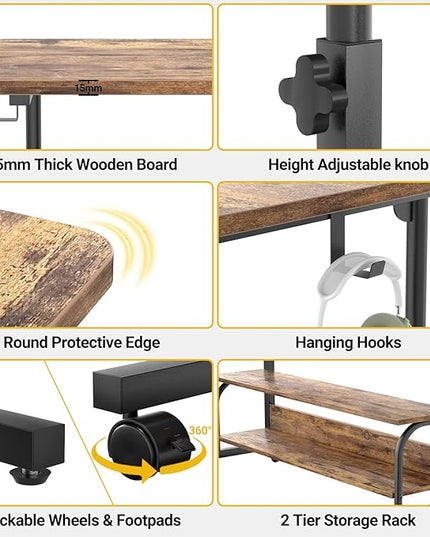 32" Height Adjustable Standing Desk with Power Outlets - Manual Rolling Stand Up Desk with Wheels Small Portable Computer Desk Mobile Laptop Table with Storage Shelves for Home Office, Rustic - LeafyLoom