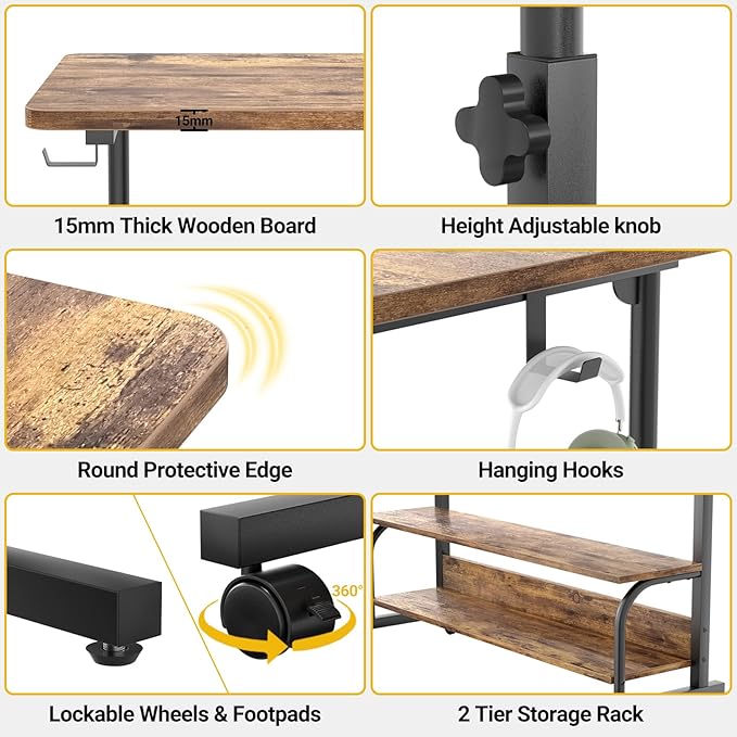 32" Height Adjustable Standing Desk with Power Outlets - Manual Rolling Stand Up Desk with Wheels Small Portable Computer Desk Mobile Laptop Table with Storage Shelves for Home Office, Rustic - LeafyLoom