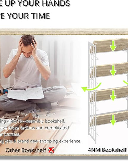 4NM No-Assembly 4 Tiers Folding Bookshelf Storage Shelves Vintage Bookcase Standing Racks Study Organizer Home Office - Natural and White - LeafyLoom