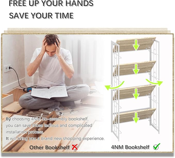 4NM No-Assembly 4 Tiers Folding Bookshelf Storage Shelves Vintage Bookcase Standing Racks Study Organizer Home Office - Natural and White - LeafyLoom