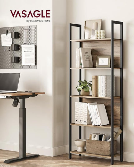 VASAGLE 5-Tier Bookshelf, Book Shelf, Industrial Bookcase, with Steel Frame, for Living Room, Home Office, Bedroom, 9.4 x 24.4 x 65 Inches, Camel Brown and Black ULLS025B50 - LeafyLoom