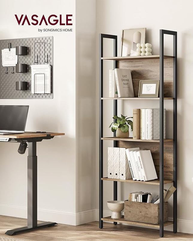 VASAGLE 5-Tier Bookshelf, Book Shelf, Industrial Bookcase, with Steel Frame, for Living Room, Home Office, Bedroom, 9.4 x 24.4 x 65 Inches, Camel Brown and Black ULLS025B50 - LeafyLoom