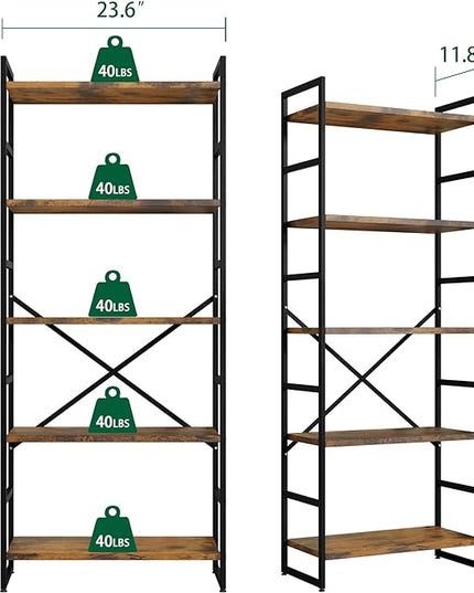 Shintenchi Bookshelf, 5 Tier Bookshelf, Tall Bookcase Shelf for CDs/Movies/Books, Home Office Bookcase Shelf Storage Organizer, Modern Book Shelf for Bedroom/Living Room/Home Office, Rustic Brown - LeafyLoom