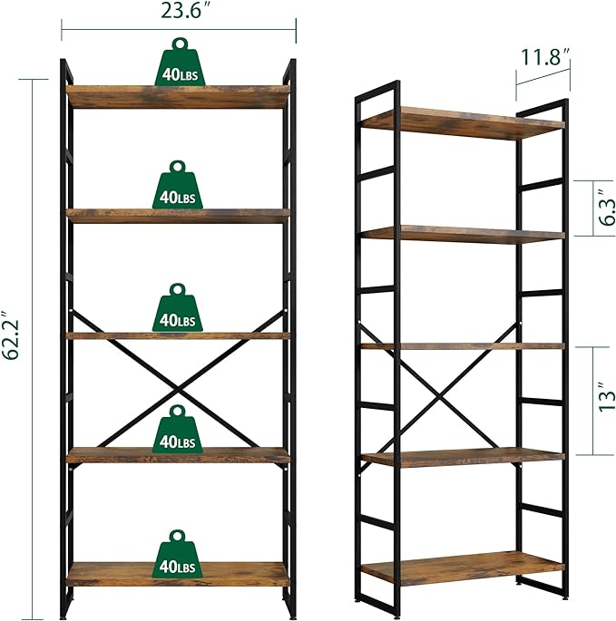 Shintenchi Bookshelf, 5 Tier Bookshelf, Tall Bookcase Shelf for CDs/Movies/Books, Home Office Bookcase Shelf Storage Organizer, Modern Book Shelf for Bedroom/Living Room/Home Office, Rustic Brown - LeafyLoom